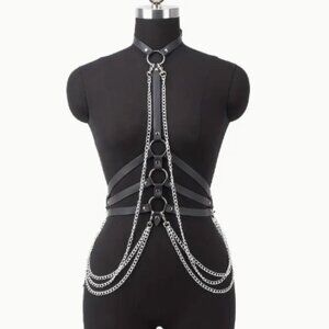 PU Leather Draped Layered Chain Choker Harness
